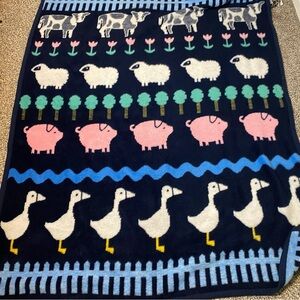 Vintage 1980’s Crown Crafts Reversible Blue and White Farm Animal Throw Blanket